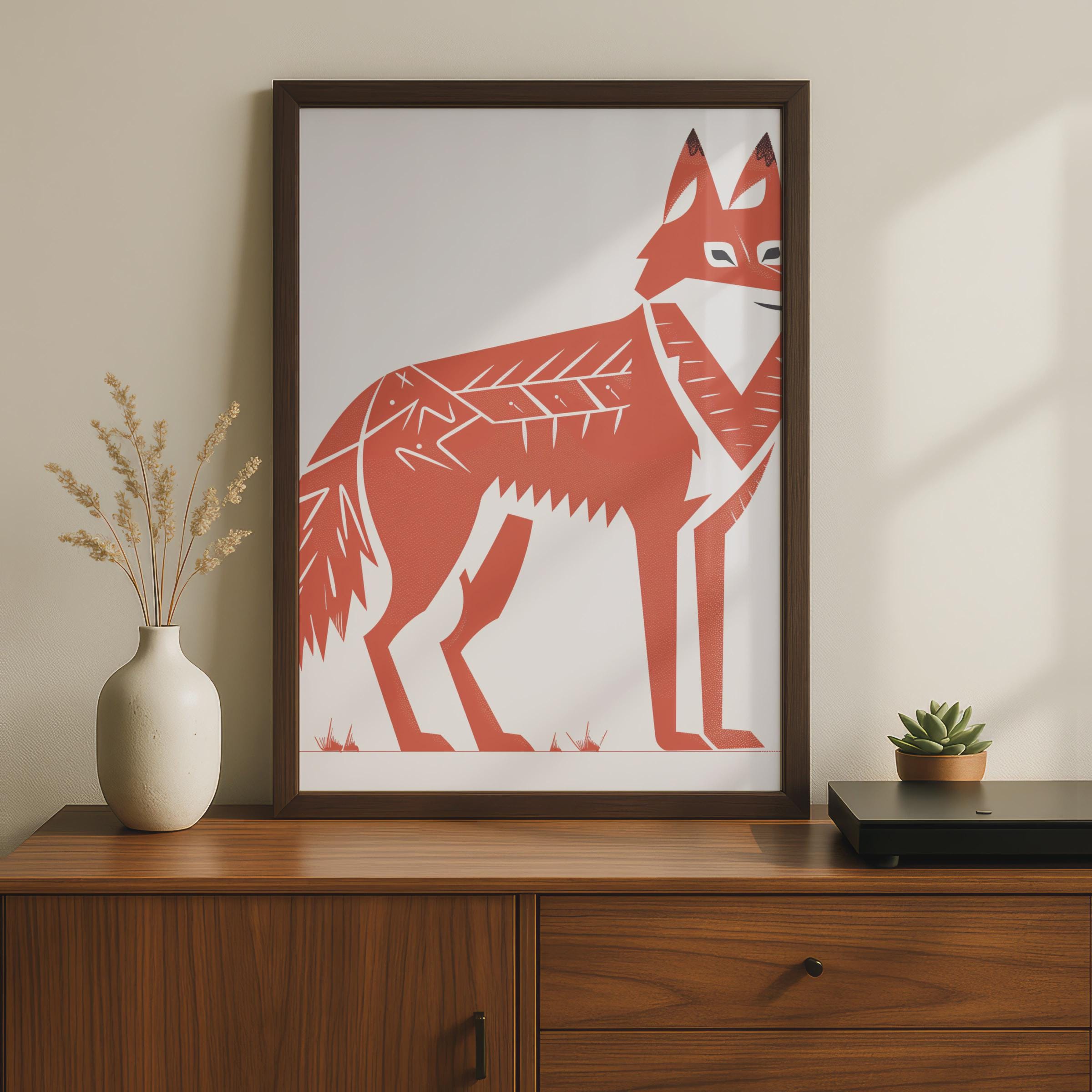 Minimalist Red Fox Art Print, Terracotta Folk Linocut Style Poster wall art print