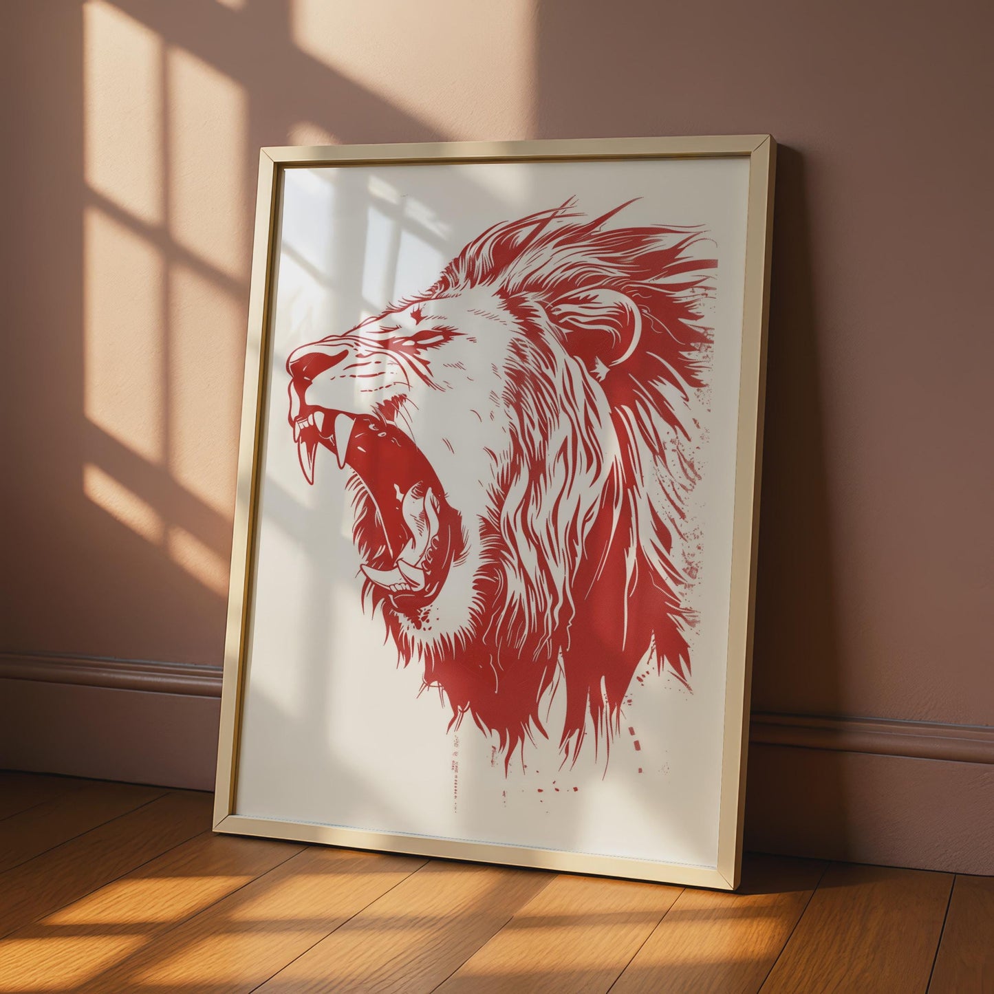 Roaring Lion Poster, Red Animal Print, Bold Lion Wall Art, Wildlife Illustration Decor wall art print