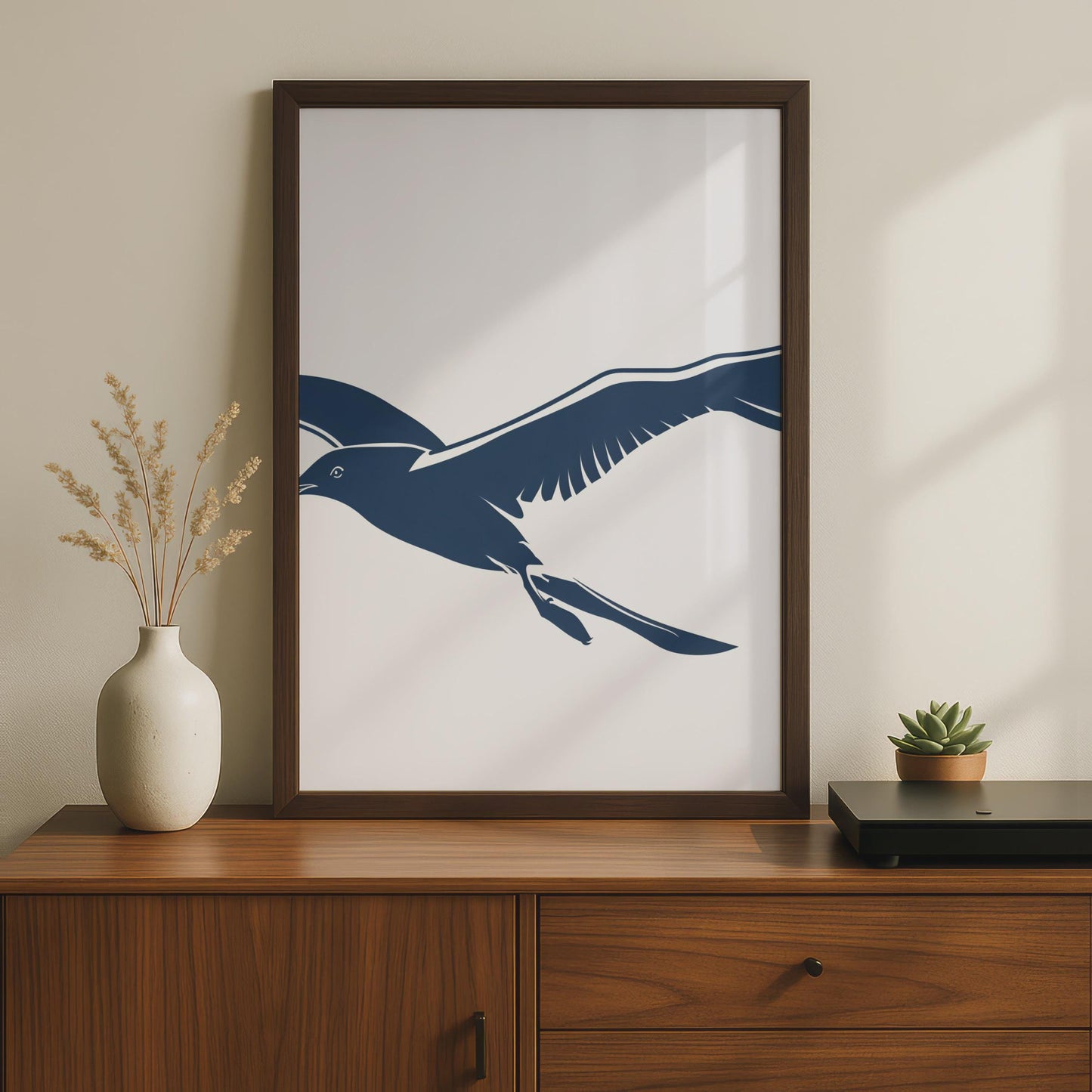 Flying Seagull Poster, Navy Blue Bird Wall Art, Minimalist Coastal Animal Print wall art print