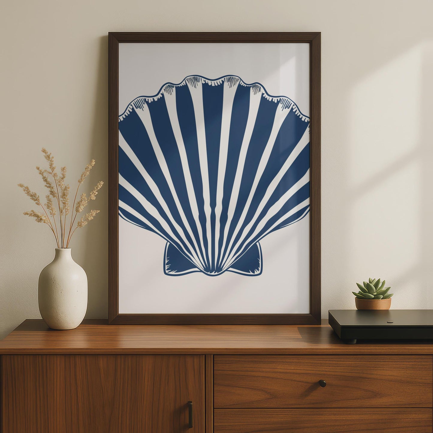 Scallop Shell Poster, Navy Blue Nautical Wall Art, Coastal Animal Print, Beach Home Decor wall art print