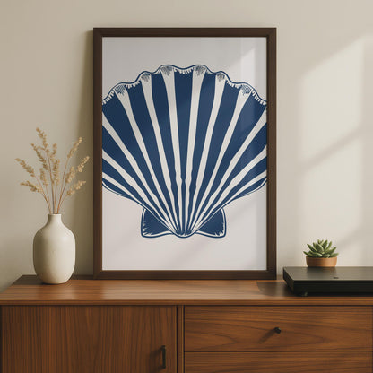 Scallop Shell Poster, Navy Blue Nautical Wall Art, Coastal Animal Print, Beach Home Decor wall art print