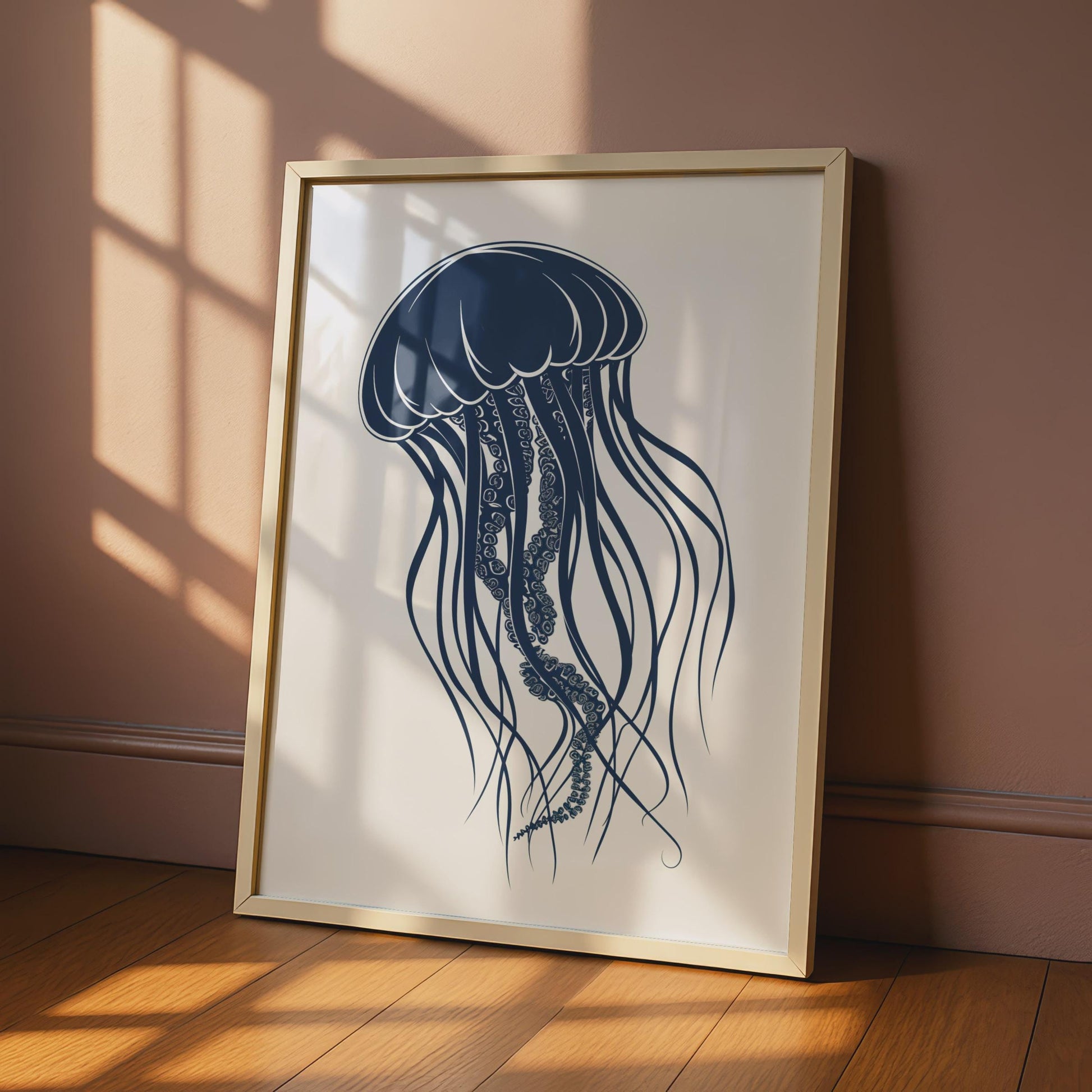 Jellyfish Poster, Navy Blue Ocean Animal Print, Minimalist Sea Wall Art, Coastal Decor wall art print