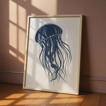 Jellyfish Poster, Navy Blue Ocean Animal Print, Minimalist Sea Wall Art, Coastal Decor wall art print