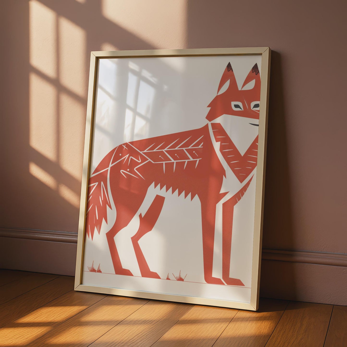 Minimalist Red Fox Art Print, Terracotta Folk Linocut Style Poster wall art print
