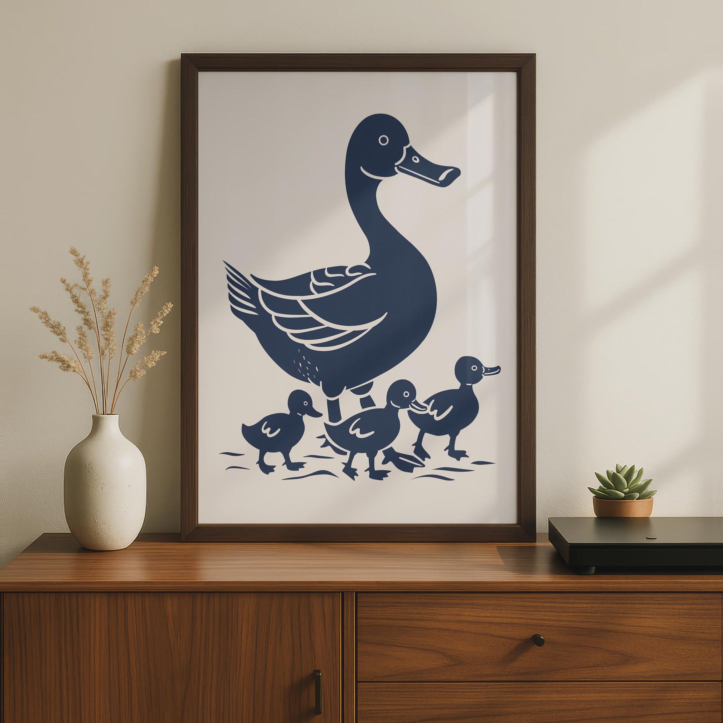 Duck Family Poster, Mother Duck Ducklings Wall Art, Navy Blue Animal Print, Nursery Decor wall art print