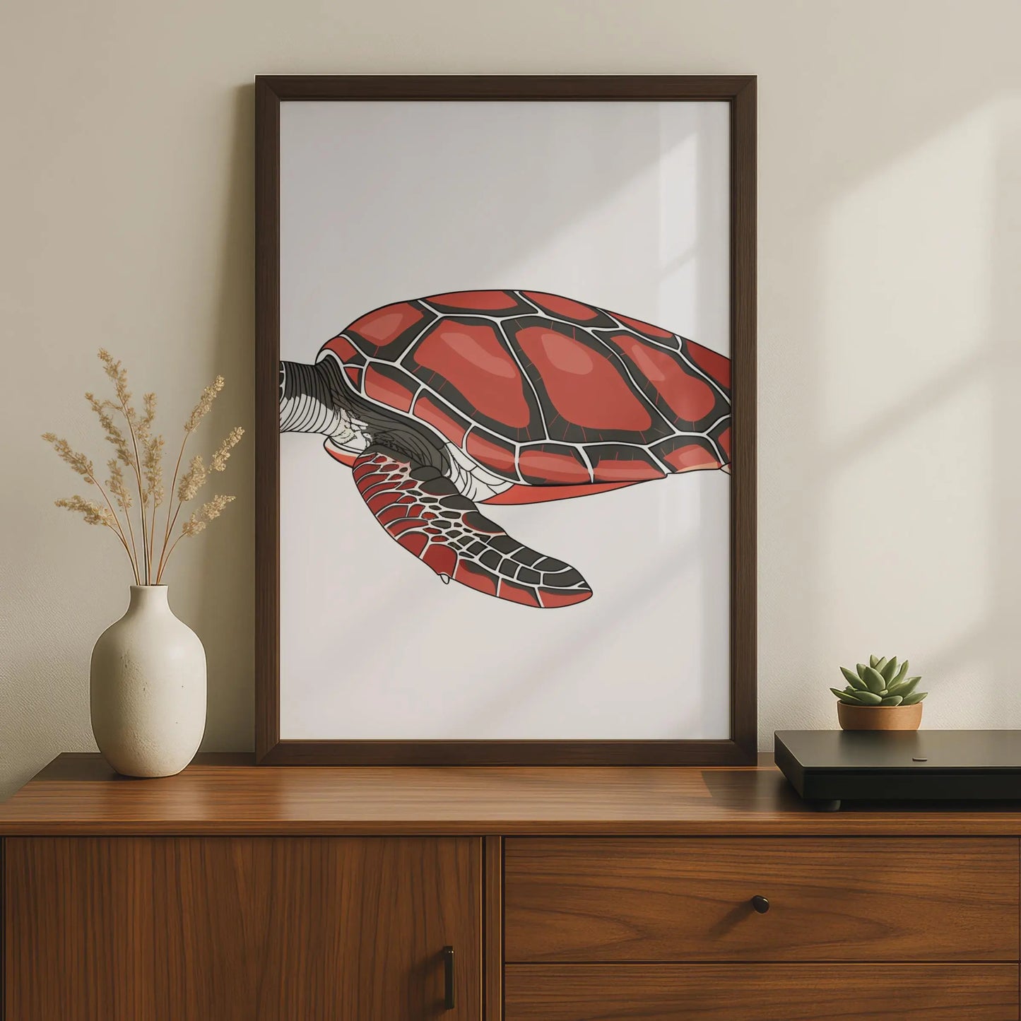 Sea Turtle Poster, Red Ocean Animal Print, Nautical Wall Art, Marine Wildlife Decor wall art print