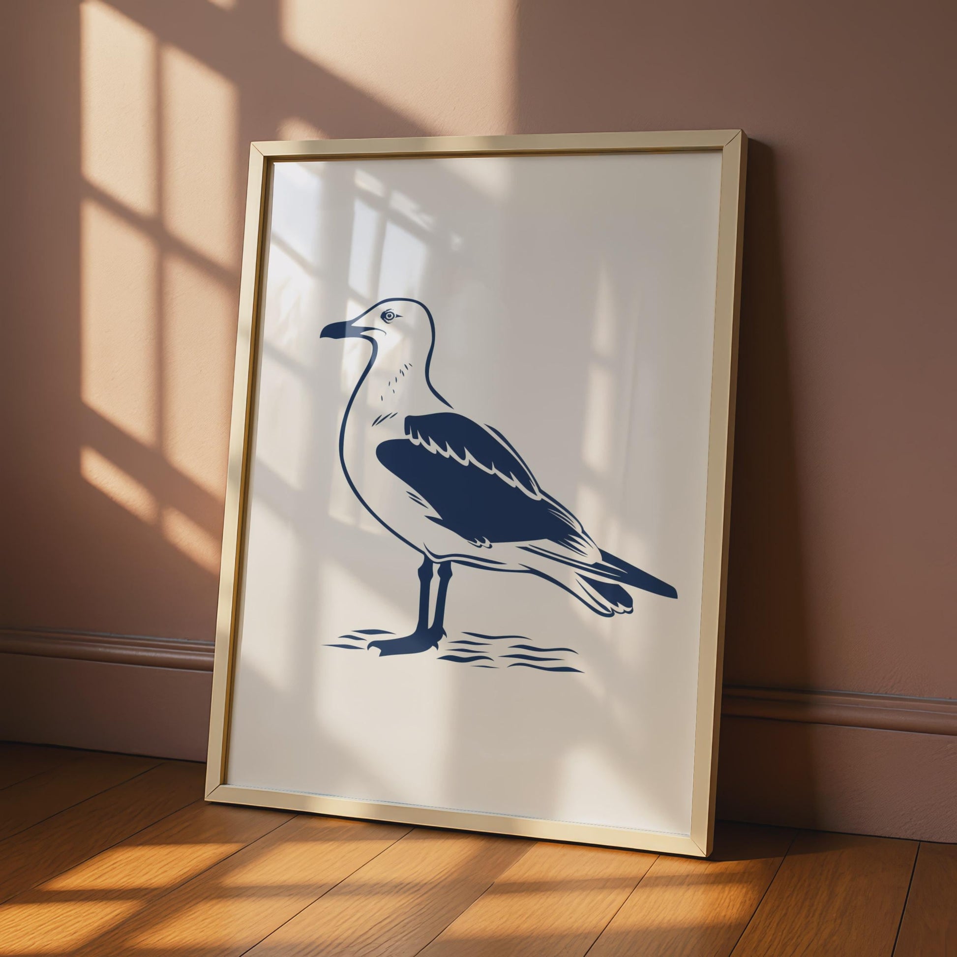 Seagull Poster, Navy Blue Bird Print, Coastal Wall Art, Minimalist Seabird Decor wall art print