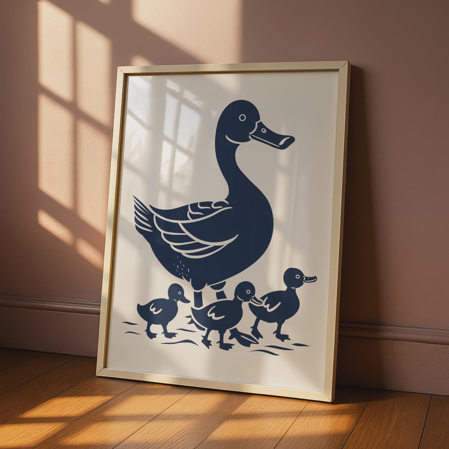 Duck Family Poster, Mother Duck Ducklings Wall Art, Navy Blue Animal Print, Nursery Decor wall art print