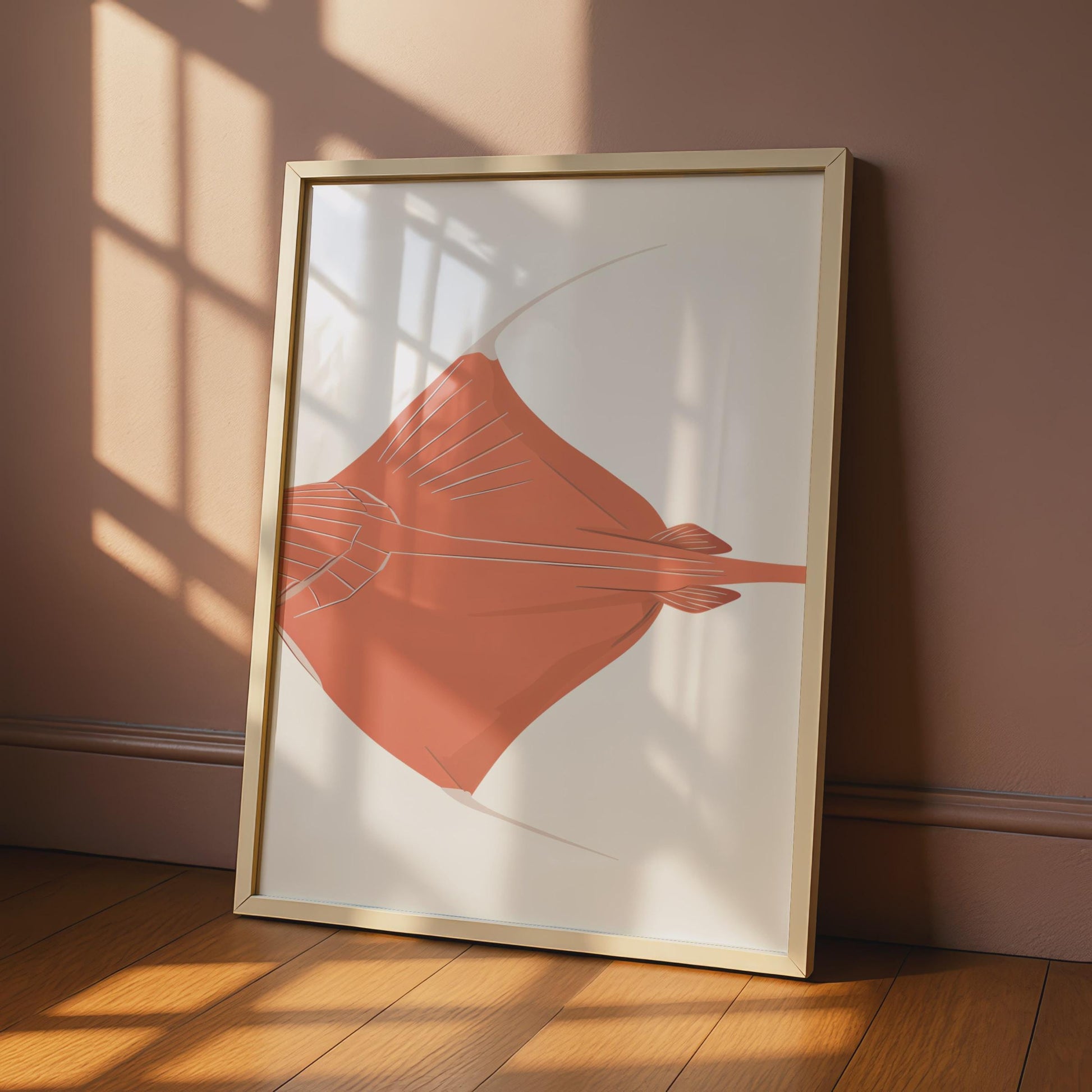 Stingray Poster, Coral Red Ray Fish Print, Ocean Animal Wall Art, Minimalist Sea Life wall art print