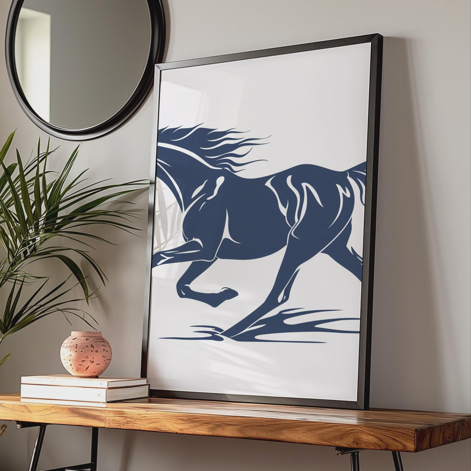 Running Horse Poster, Navy Blue Stallion Wall Art, Minimalist Animal Print, Horse Lover Gift wall art print