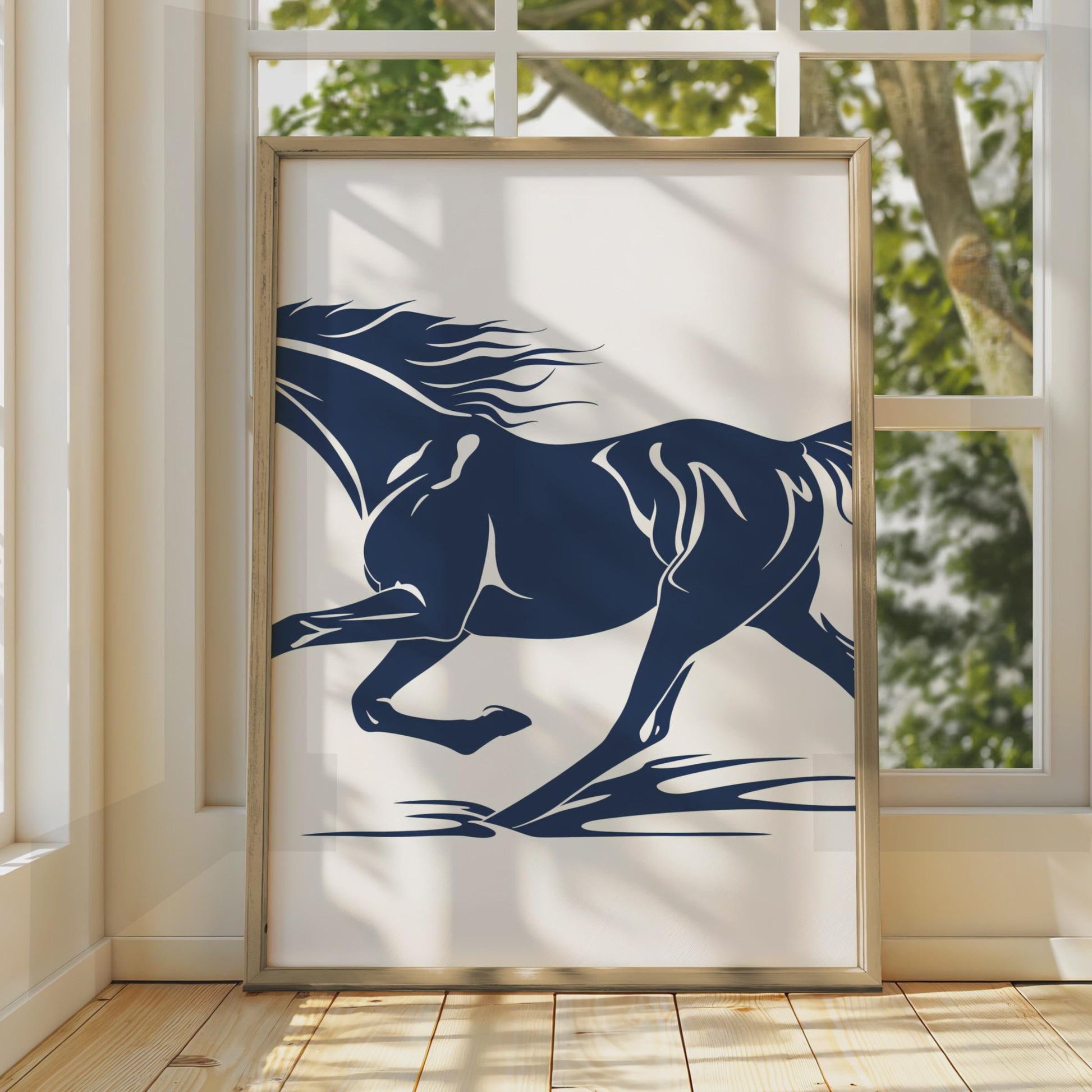 Running Horse Poster, Navy Blue Stallion Wall Art, Minimalist Animal Print, Horse Lover Gift wall art print