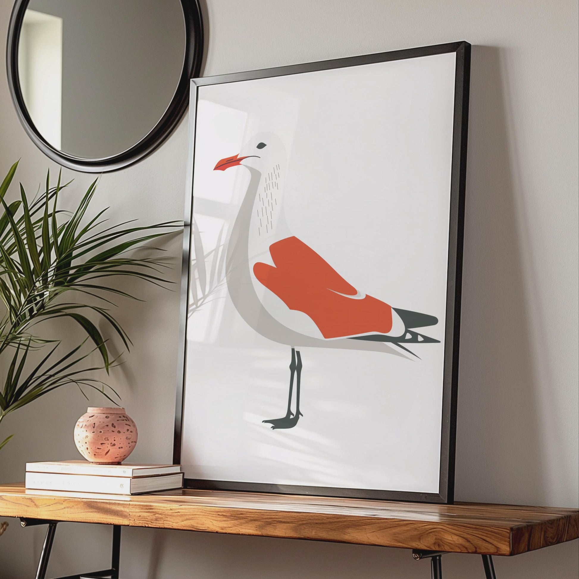 Seagull Animal Poster, Minimalist Bird Print, Coastal Wall Art, Red and White Decor wall art print