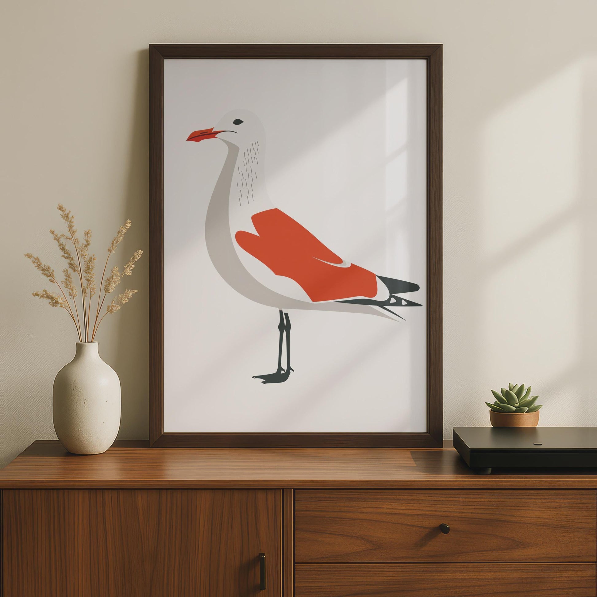 Seagull Animal Poster, Minimalist Bird Print, Coastal Wall Art, Red and White Decor wall art print