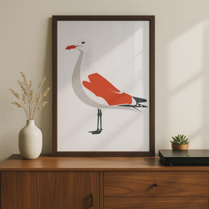 Seagull Animal Poster, Minimalist Bird Print, Coastal Wall Art, Red and White Decor wall art print