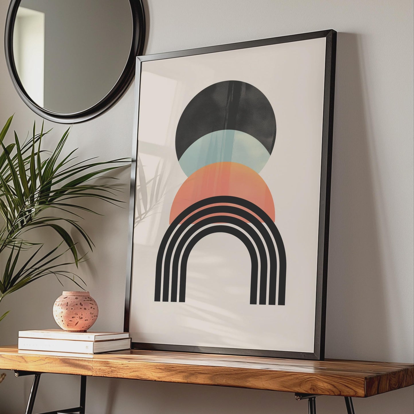 Boho Abstract Print, Geometric Arch Poster, Retro Circle Wall Art, Terracotta Mint Black Decor wall art print