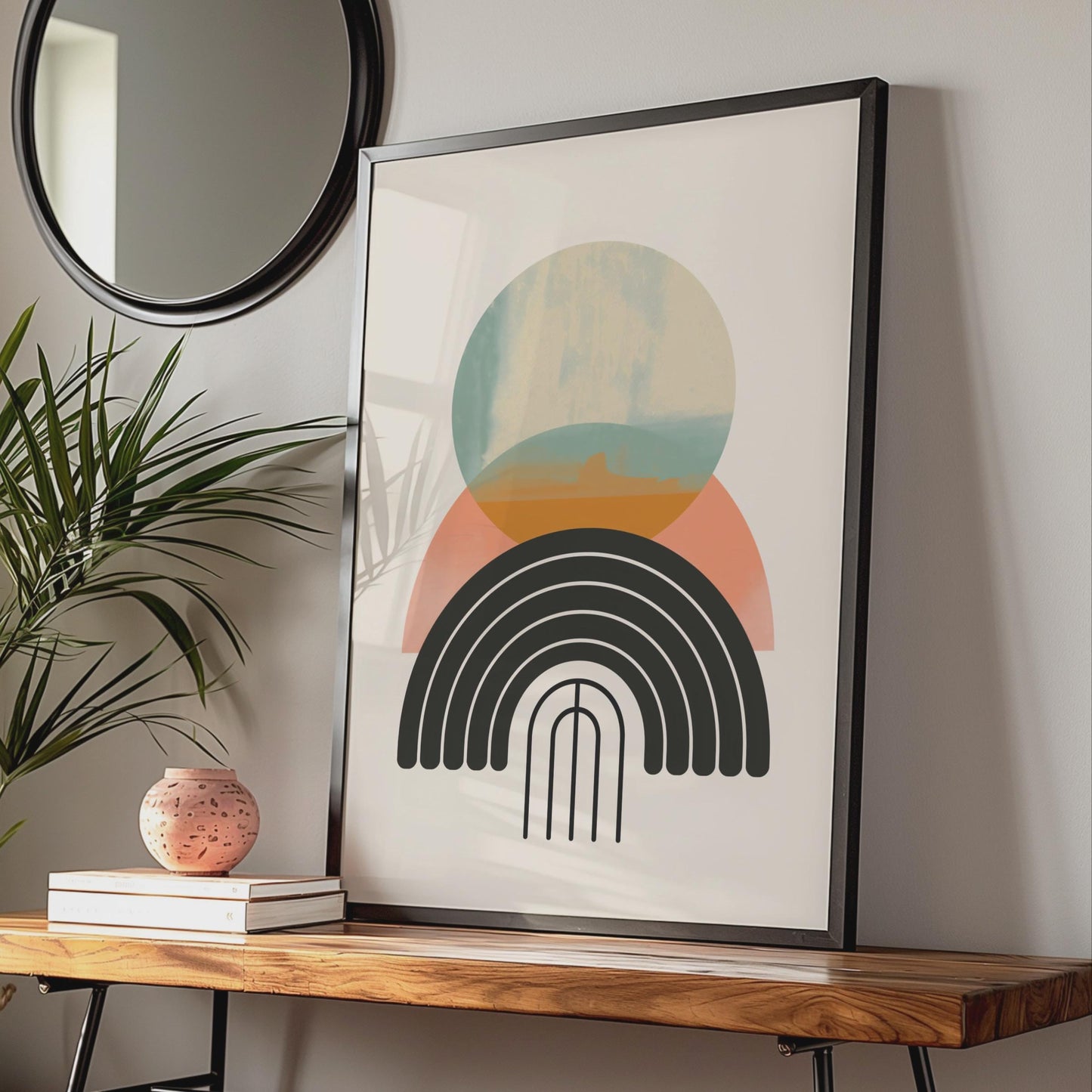 Boho Abstract Print, Geometric Rainbow Arch Poster, Terracotta Teal Wall Art, Mid Century wall art print