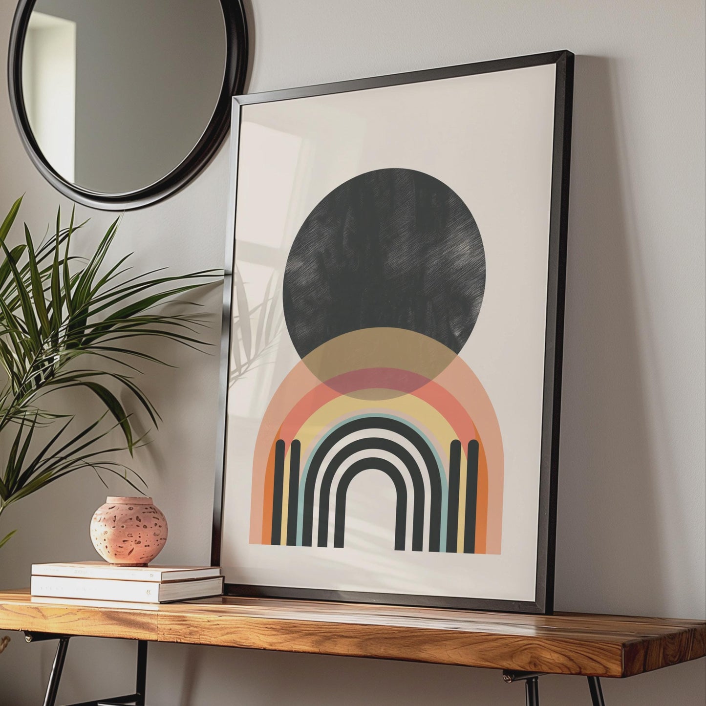 Boho Abstract Rainbow Print, Black Circle Geometric Wall Art, Retro Arch Poster wall art print