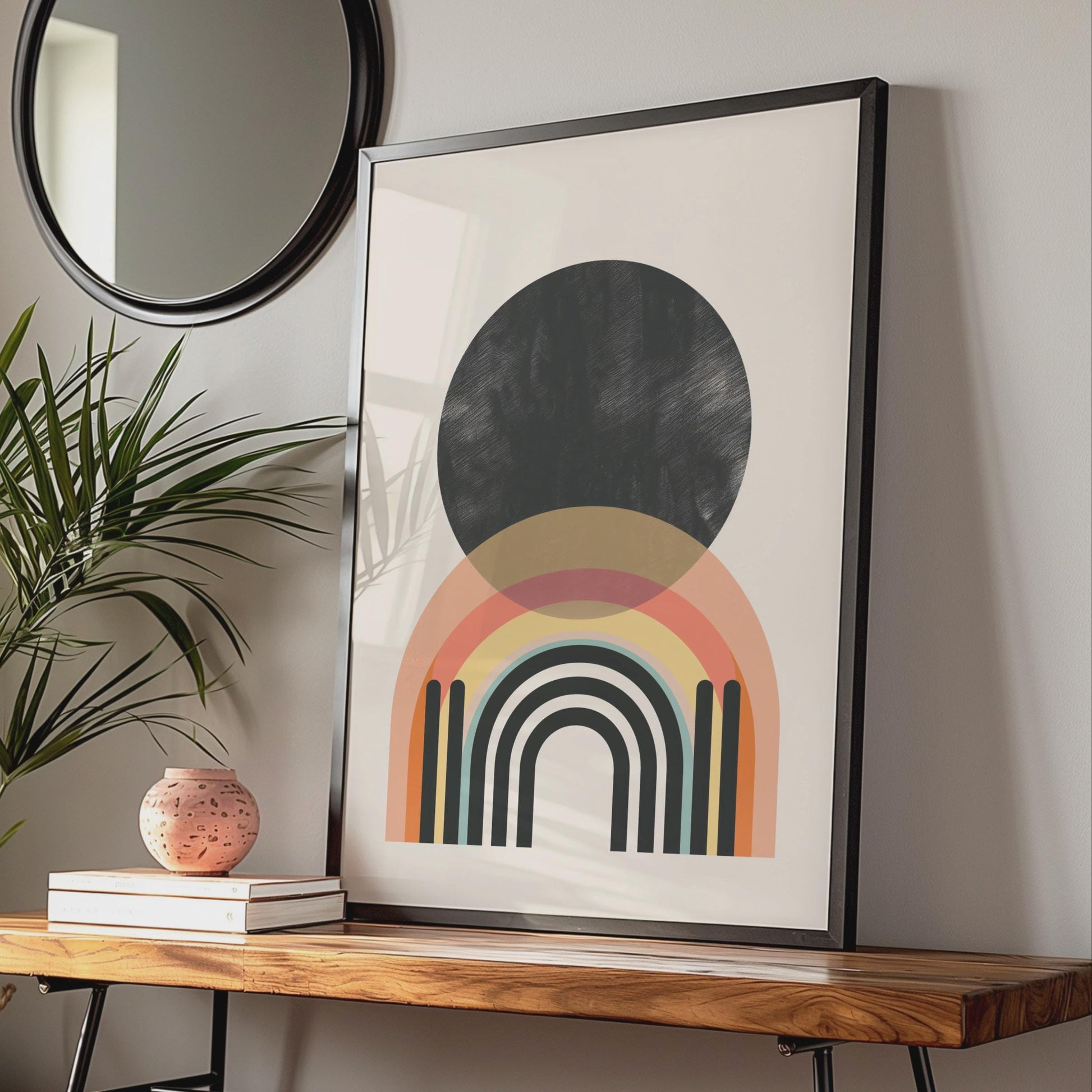 Boho Abstract Rainbow Print, Black Circle Geometric Wall Art, Retro Arch Poster wall art print
