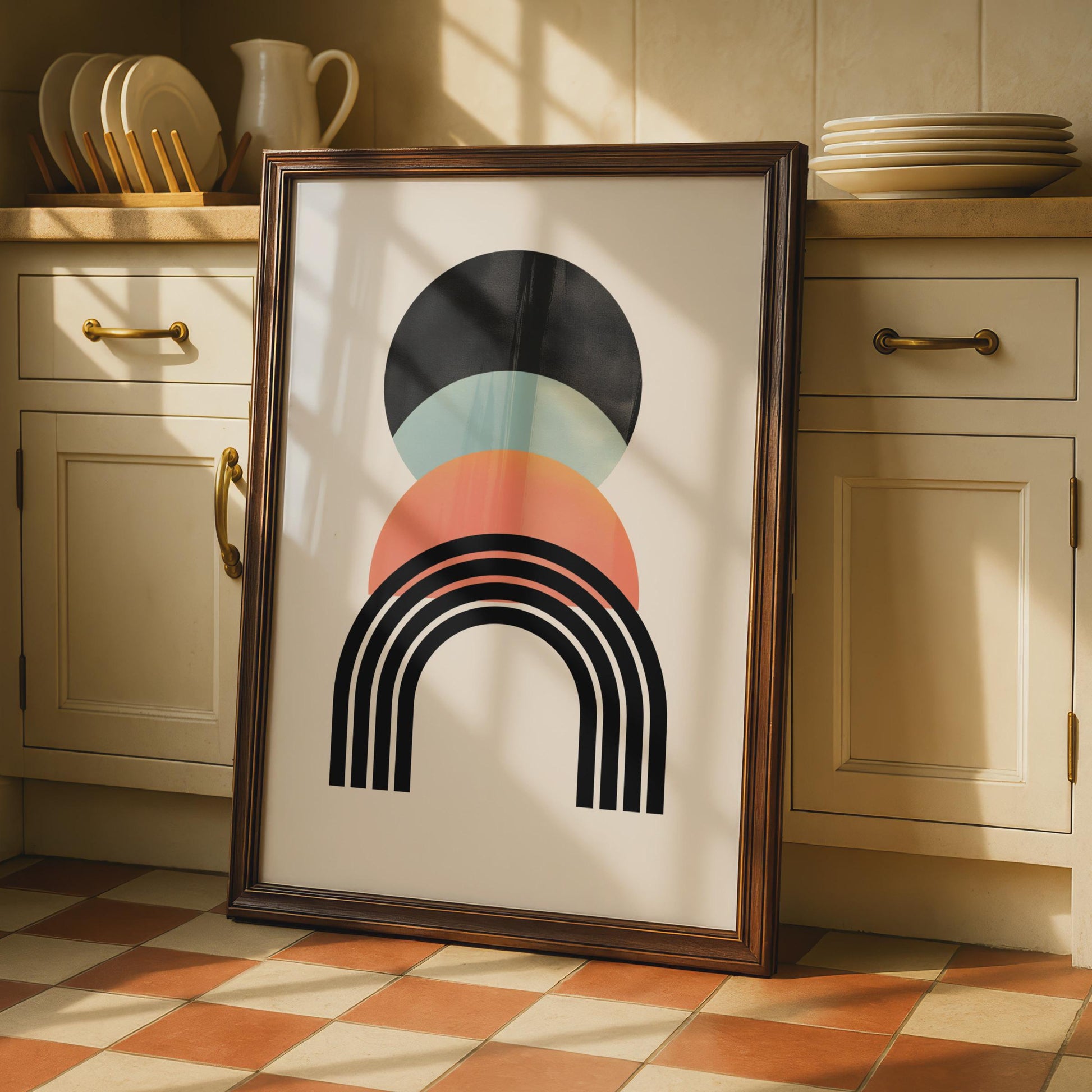 Boho Abstract Print, Geometric Arch Poster, Retro Circle Wall Art, Terracotta Mint Black Decor wall art print