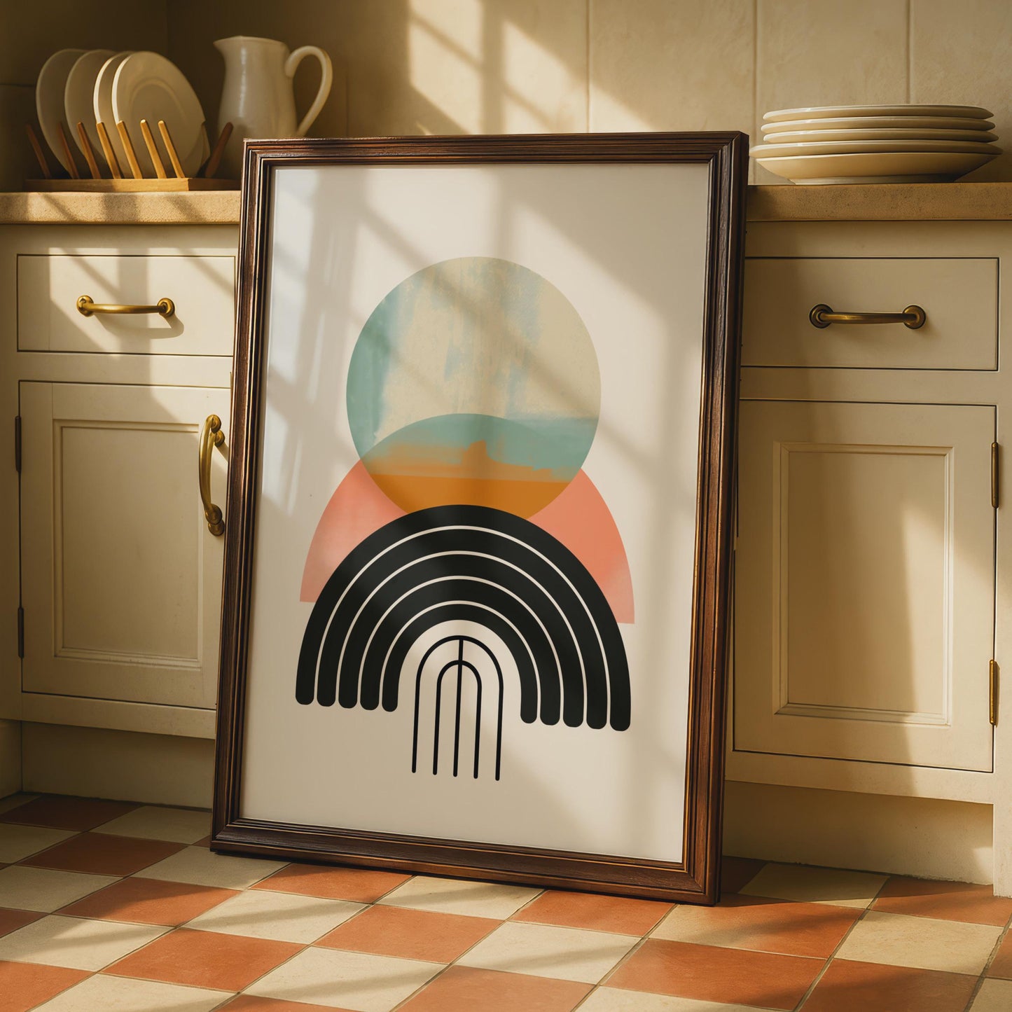 Boho Abstract Print, Geometric Rainbow Arch Poster, Terracotta Teal Wall Art, Mid Century wall art print