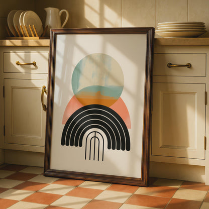Boho Abstract Print, Geometric Rainbow Arch Poster, Terracotta Teal Wall Art, Mid Century wall art print