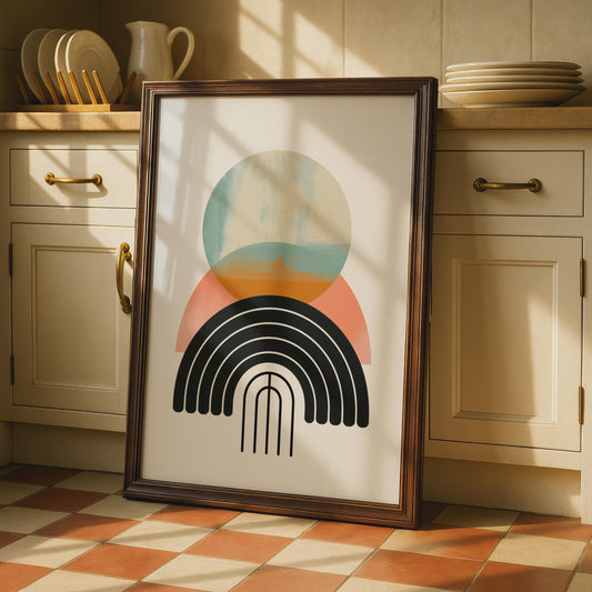 Boho Abstract Print, Geometric Rainbow Arch Poster, Terracotta Teal Wall Art, Mid Century wall art print