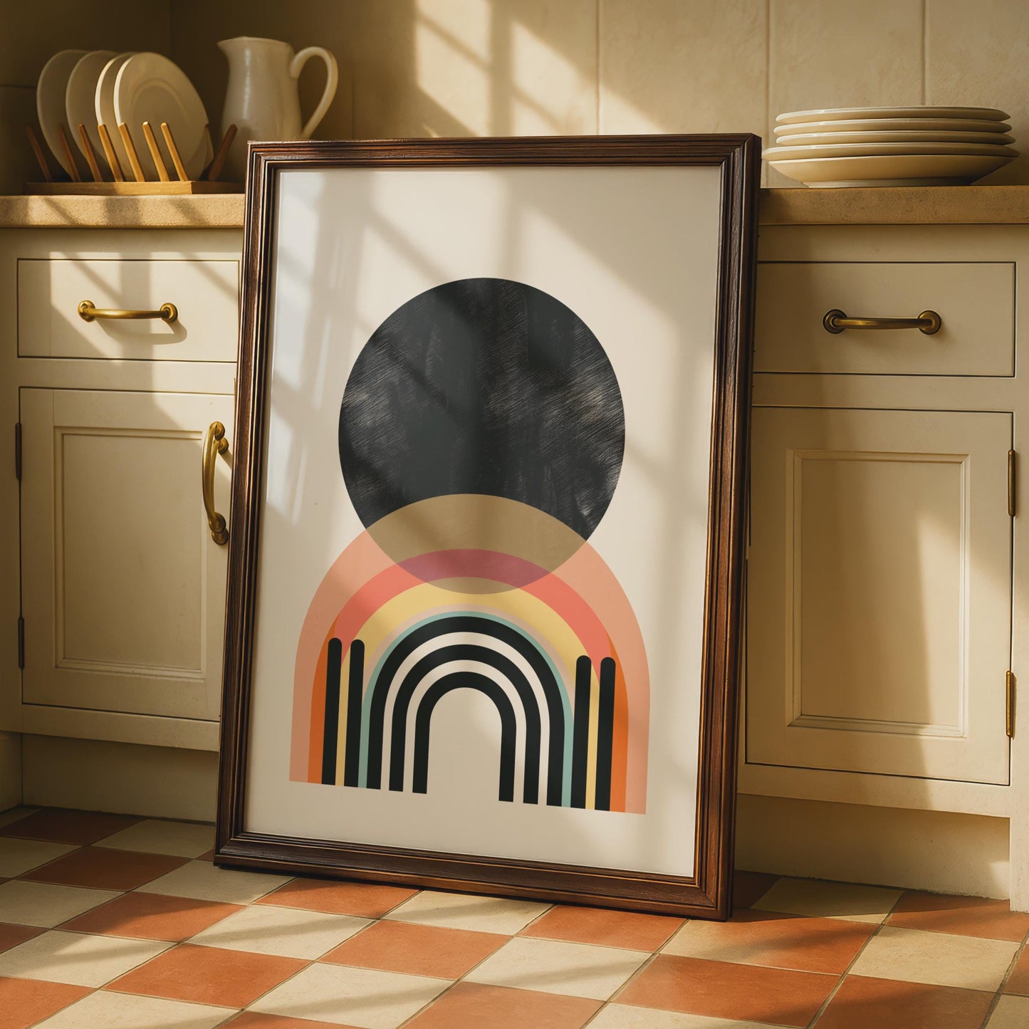 Boho Abstract Rainbow Print, Black Circle Geometric Wall Art, Retro Arch Poster wall art print