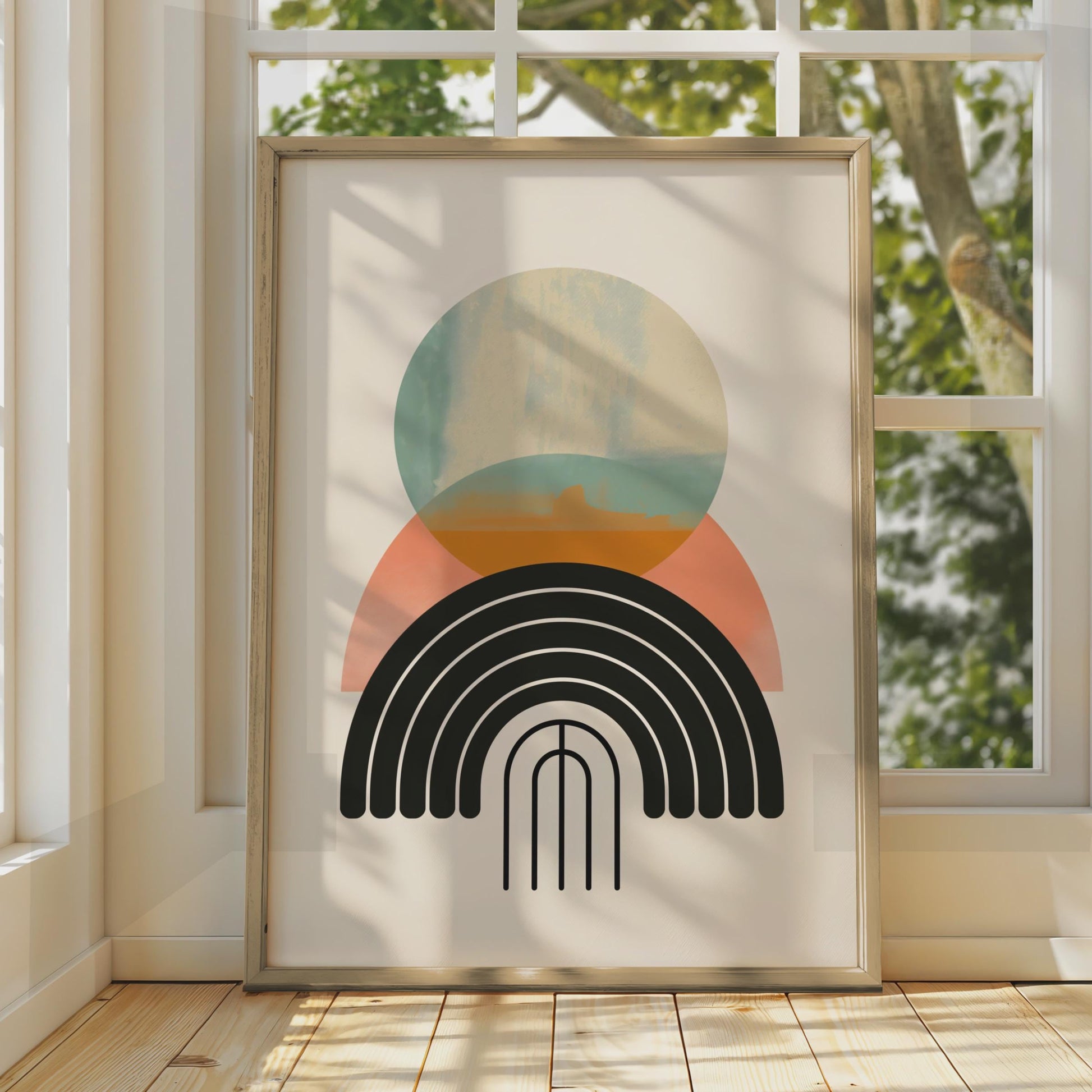 Boho Abstract Print, Geometric Rainbow Arch Poster, Terracotta Teal Wall Art, Mid Century wall art print