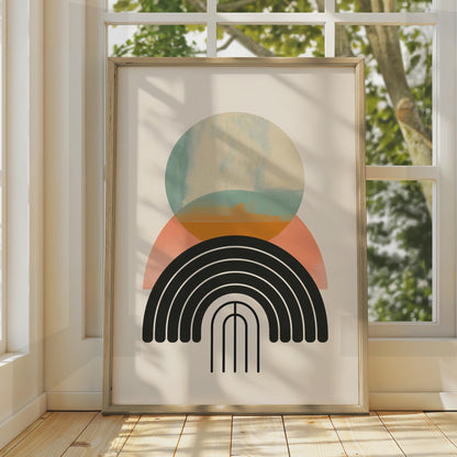 Boho Abstract Print, Geometric Rainbow Arch Poster, Terracotta Teal Wall Art, Mid Century wall art print
