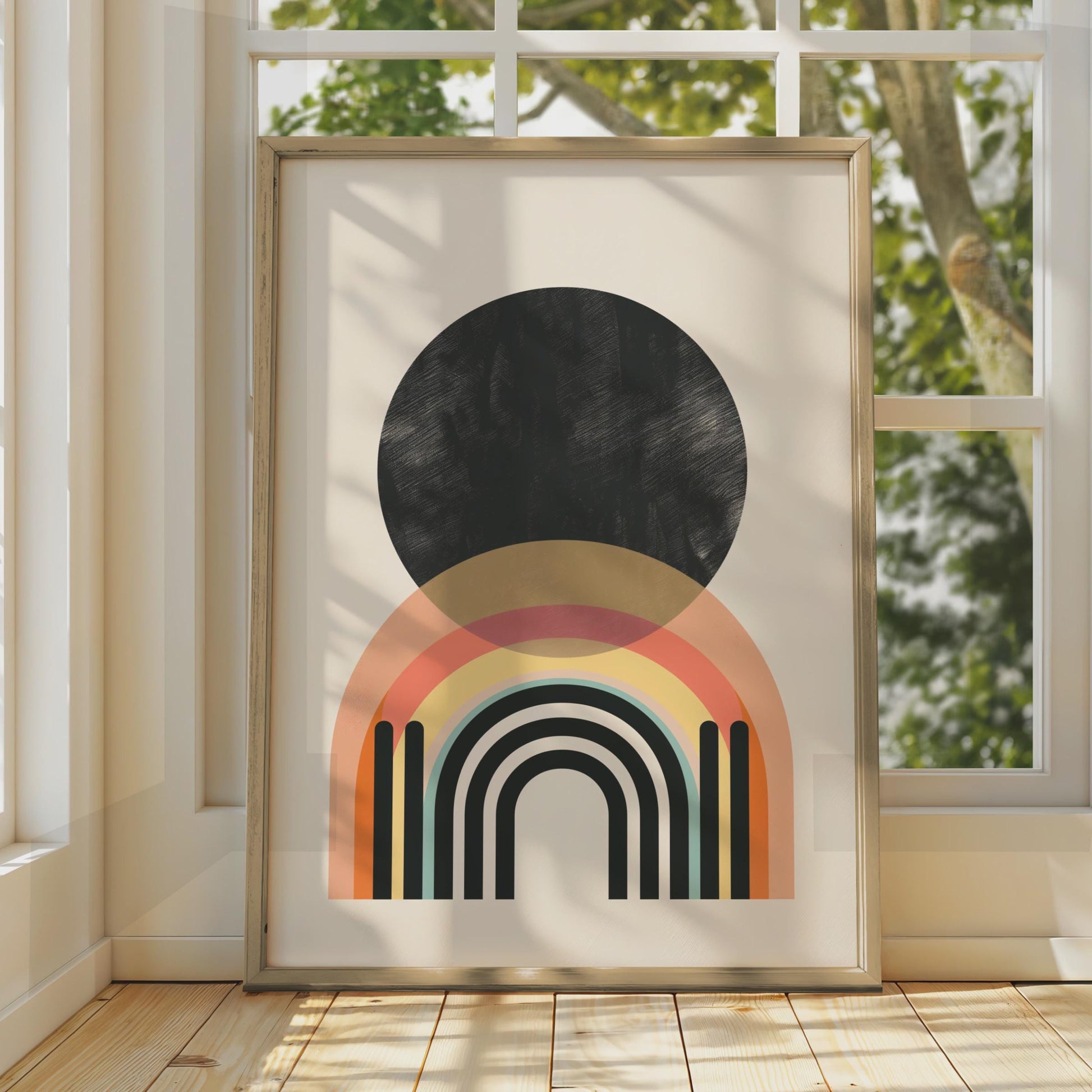 Boho Abstract Rainbow Print, Black Circle Geometric Wall Art, Retro Arch Poster wall art print