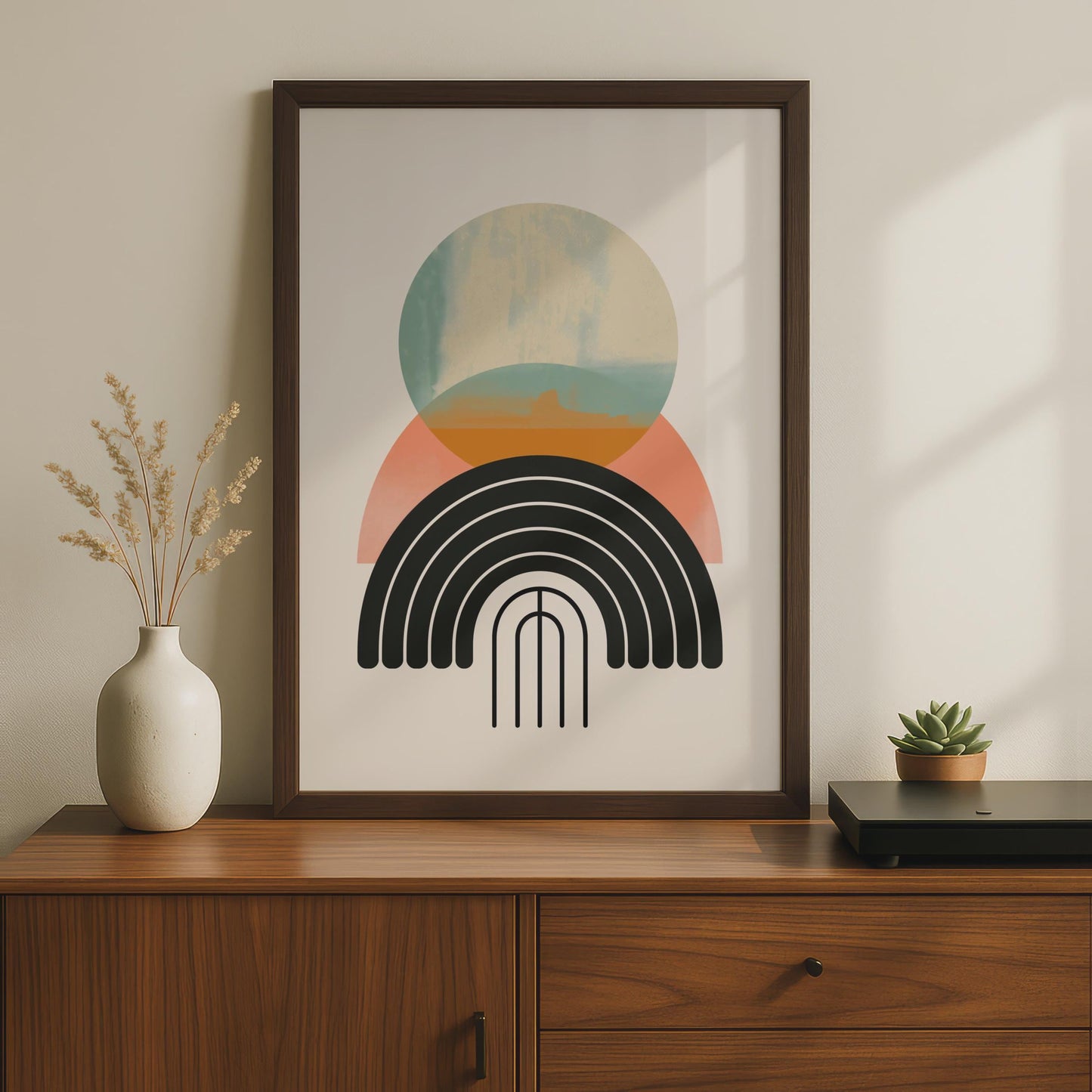 Boho Abstract Print, Geometric Rainbow Arch Poster, Terracotta Teal Wall Art, Mid Century wall art print