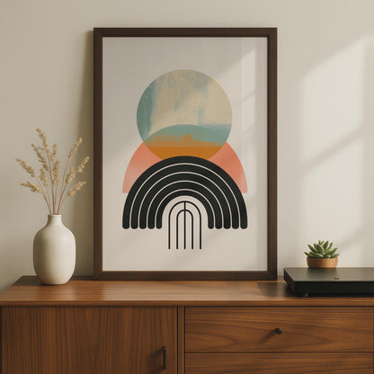Boho Abstract Print, Geometric Rainbow Arch Poster, Terracotta Teal Wall Art, Mid Century wall art print