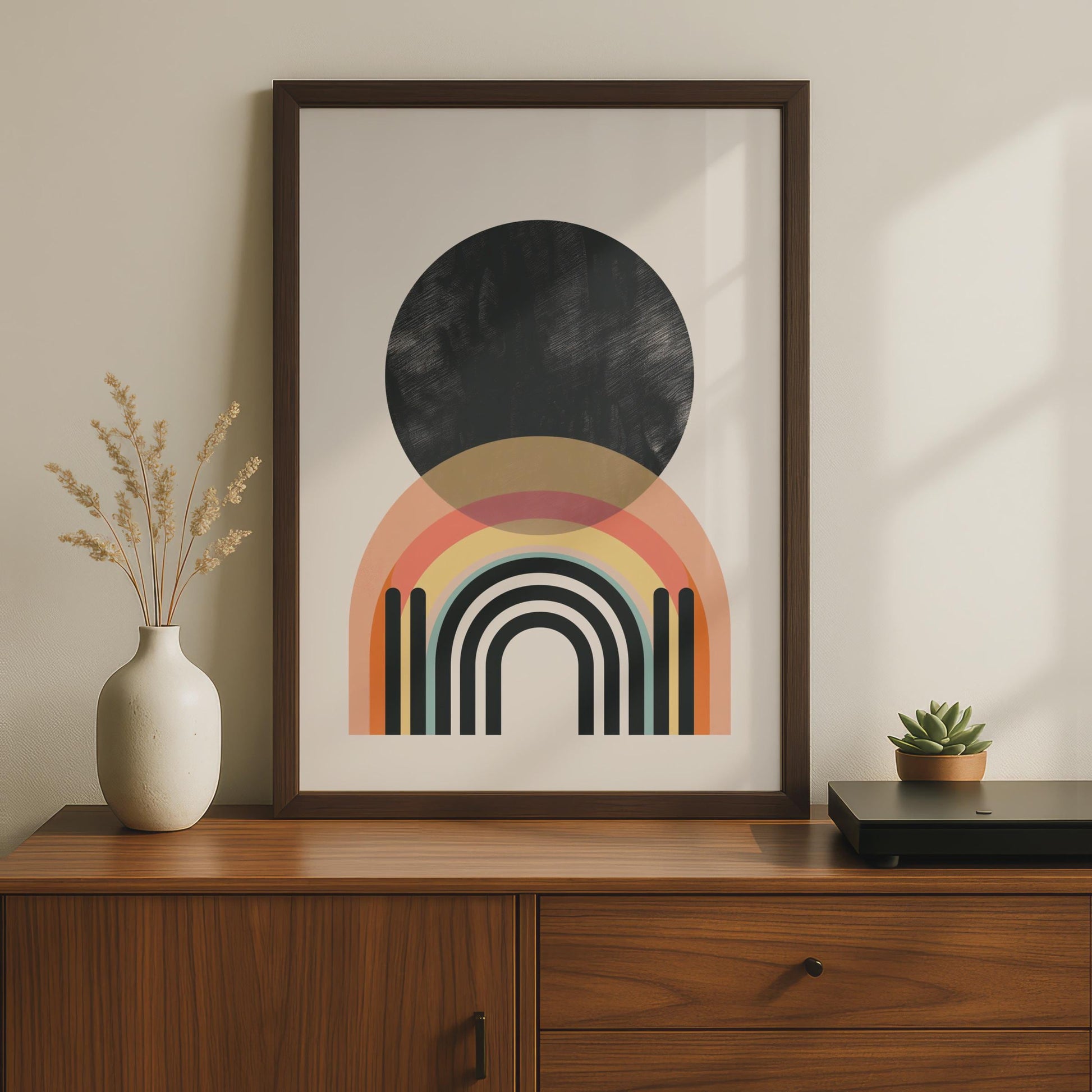 Boho Abstract Rainbow Print, Black Circle Geometric Wall Art, Retro Arch Poster wall art print