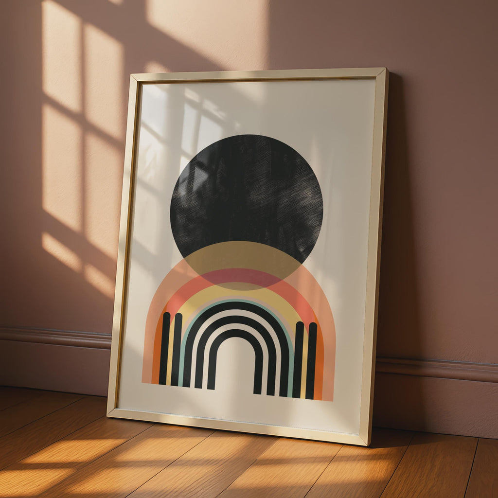 Boho Abstract Rainbow Print, Black Circle Geometric Wall Art, Retro Arch Poster wall art print