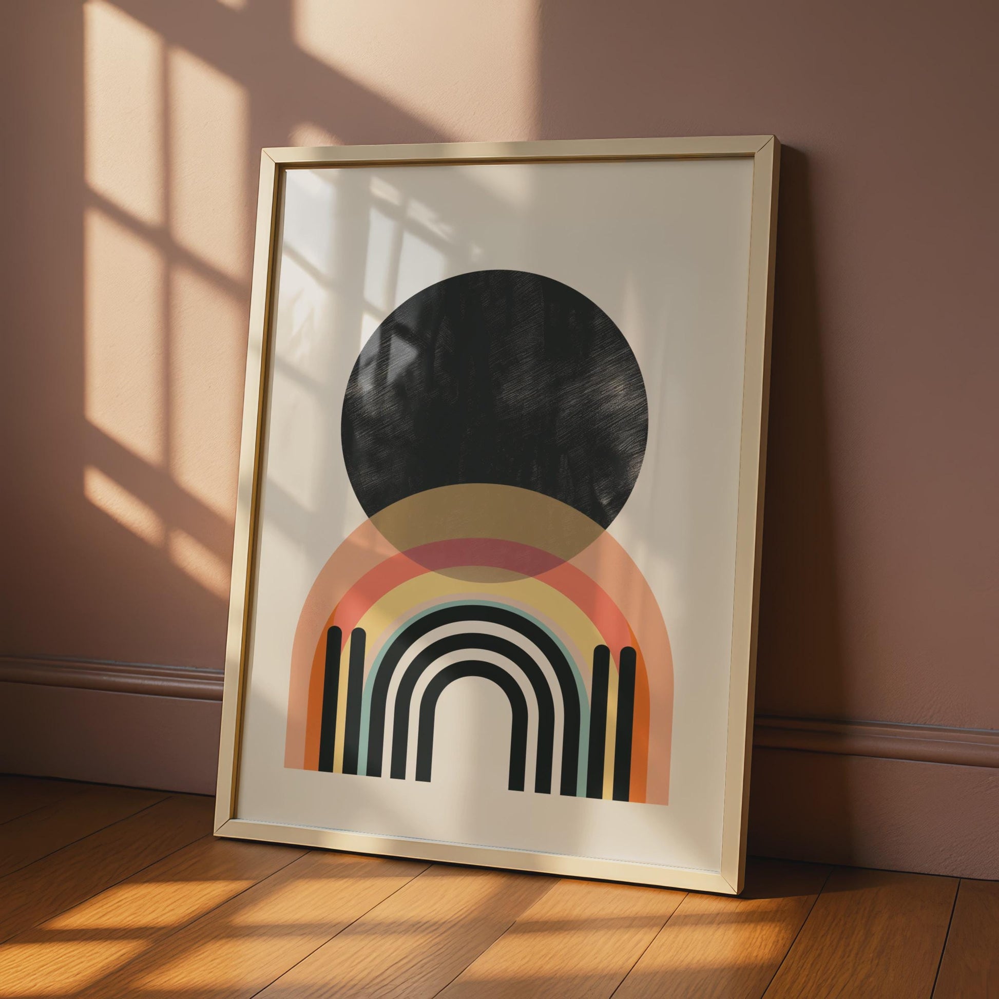 Boho Abstract Rainbow Print, Black Circle Geometric Wall Art, Retro Arch Poster wall art print