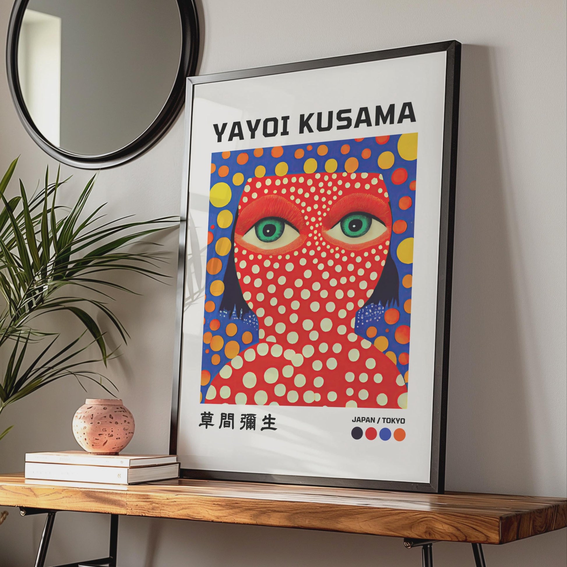 Yayoi Kusama Inspired Art Print, Bold Polka Dot Portrait, Japanese Wall Art, Colourful Decor wall art print