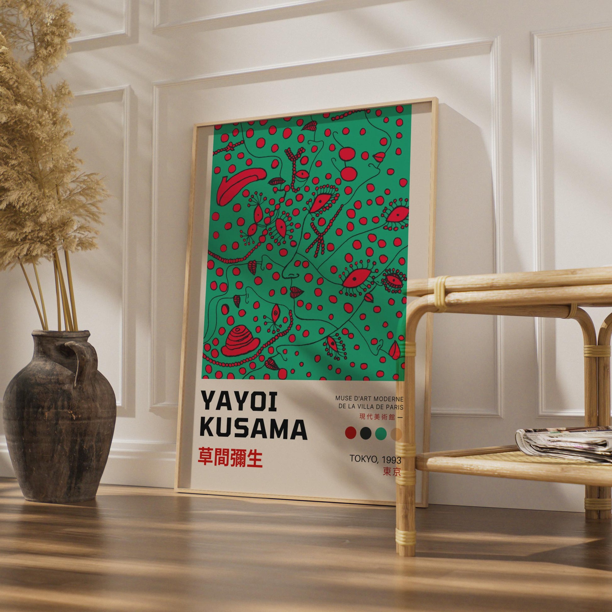 Yayoi Kusama Inspired Art Print, Abstract Floral Wall Art, Contemporary Green Red Design, Gallery wall art print