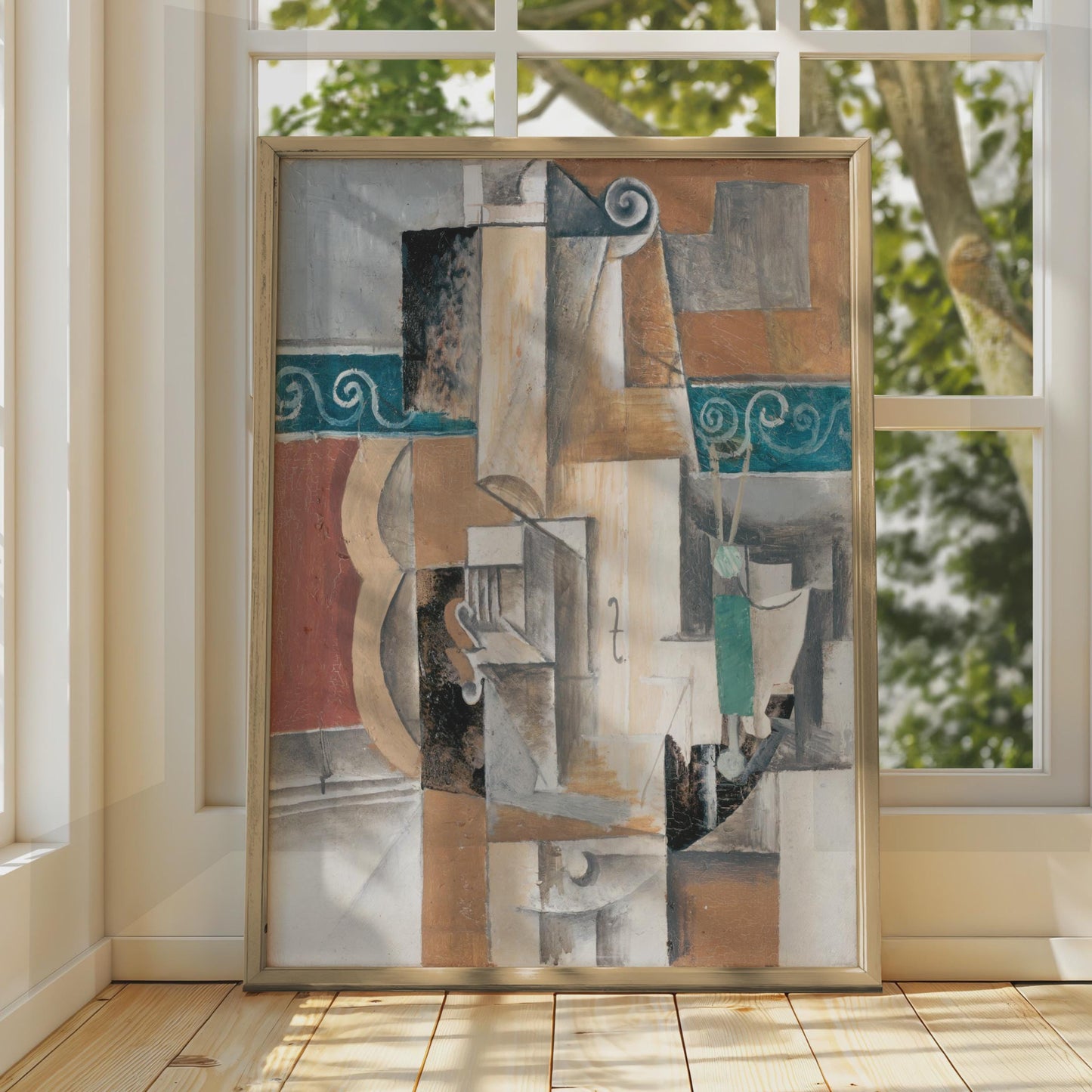 Cubist Violin Art Print, Abstract Music Poster, Beige Teal Brown Decor wall art print