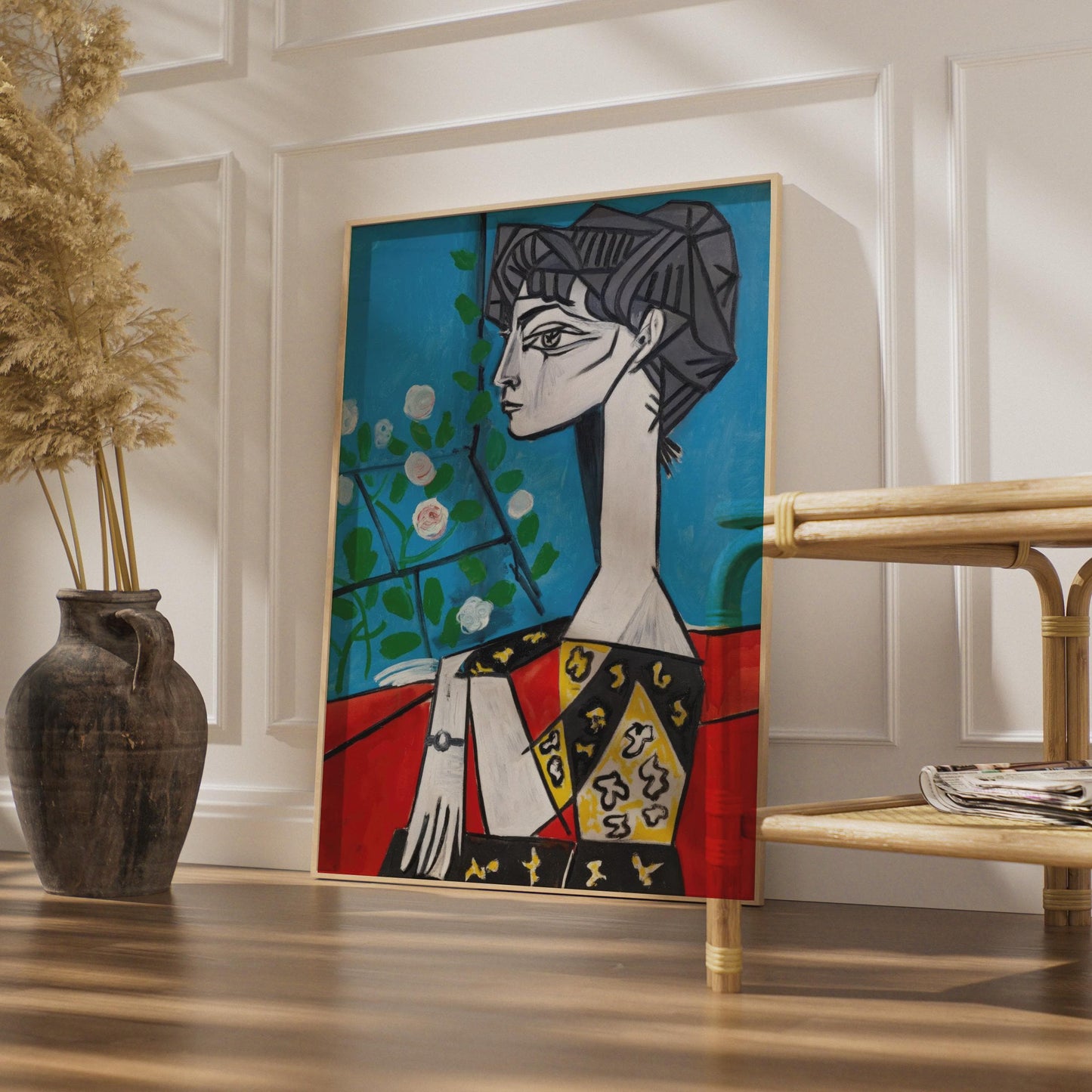 Modernist Woman Portrait Art Print, Picasso Style Wall Art, Colourful Flower Motif, Stylish Home wall art print