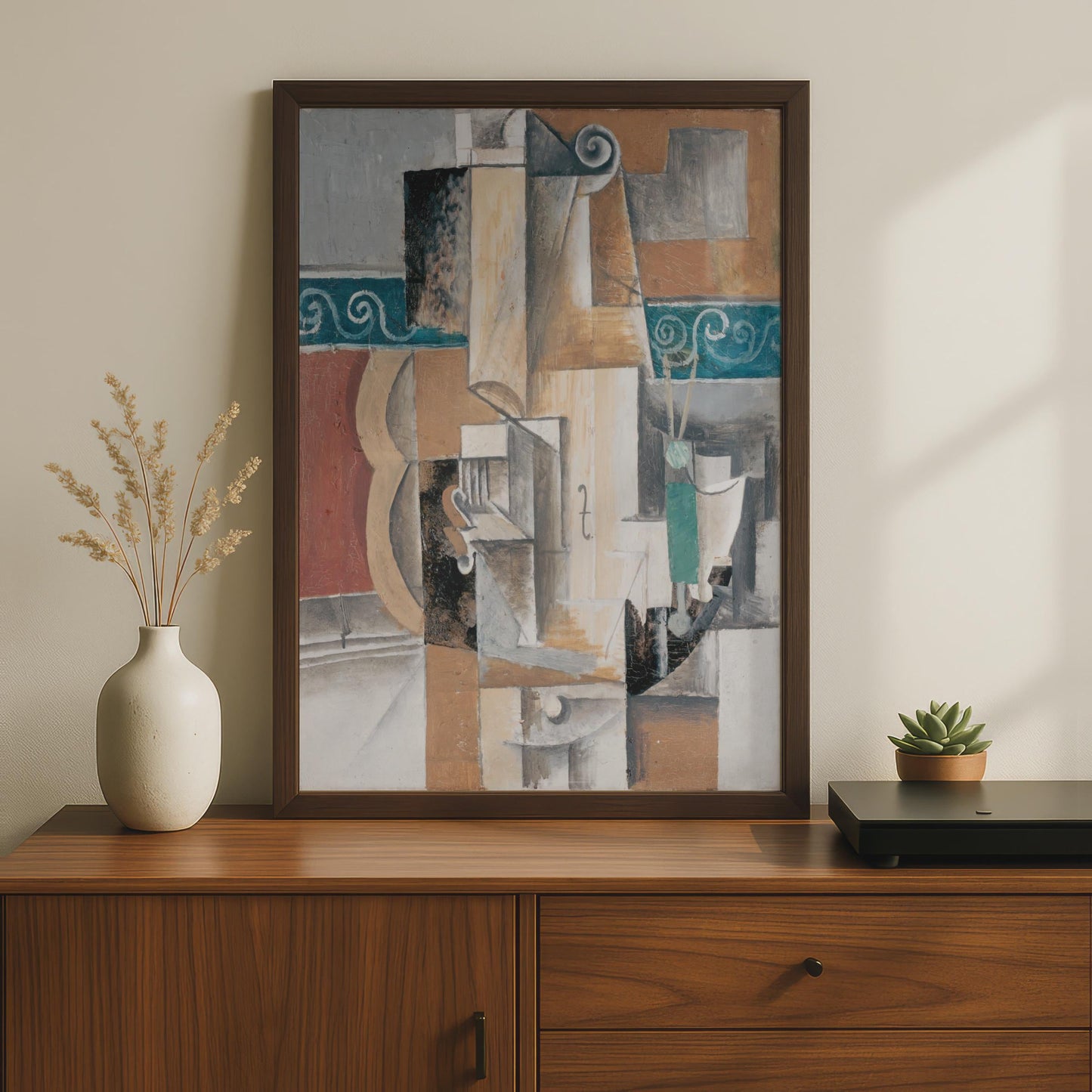Cubist Violin Art Print, Abstract Music Poster, Beige Teal Brown Decor wall art print