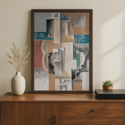 Cubist Violin Art Print, Abstract Music Poster, Beige Teal Brown Decor wall art print
