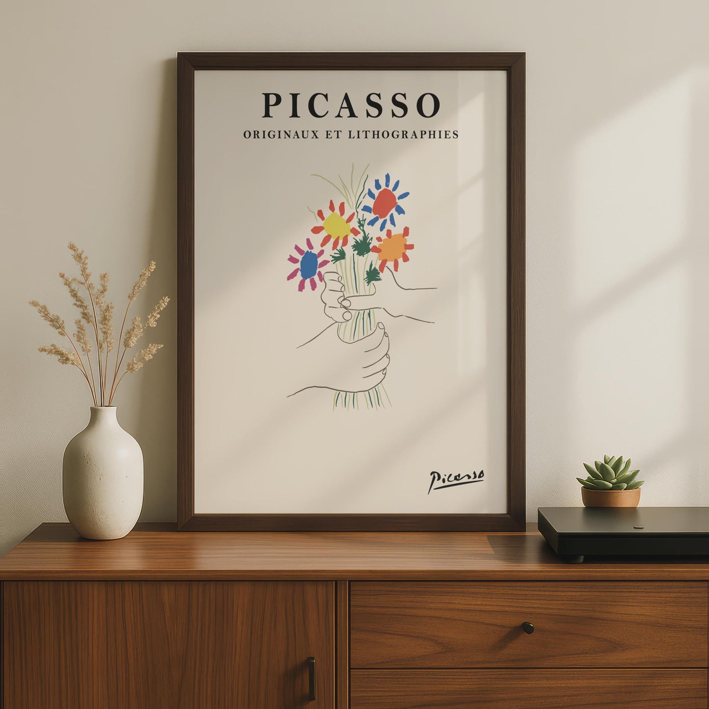 Picasso Floral Art Print, Colourful Hands Holding Flowers, Minimalist Wall Art, Modern Decor wall art print