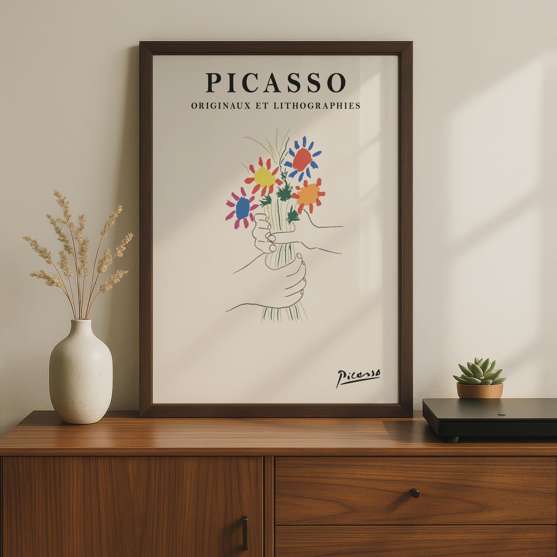 Picasso Floral Art Print, Colourful Hands Holding Flowers, Minimalist Wall Art, Modern Decor wall art print