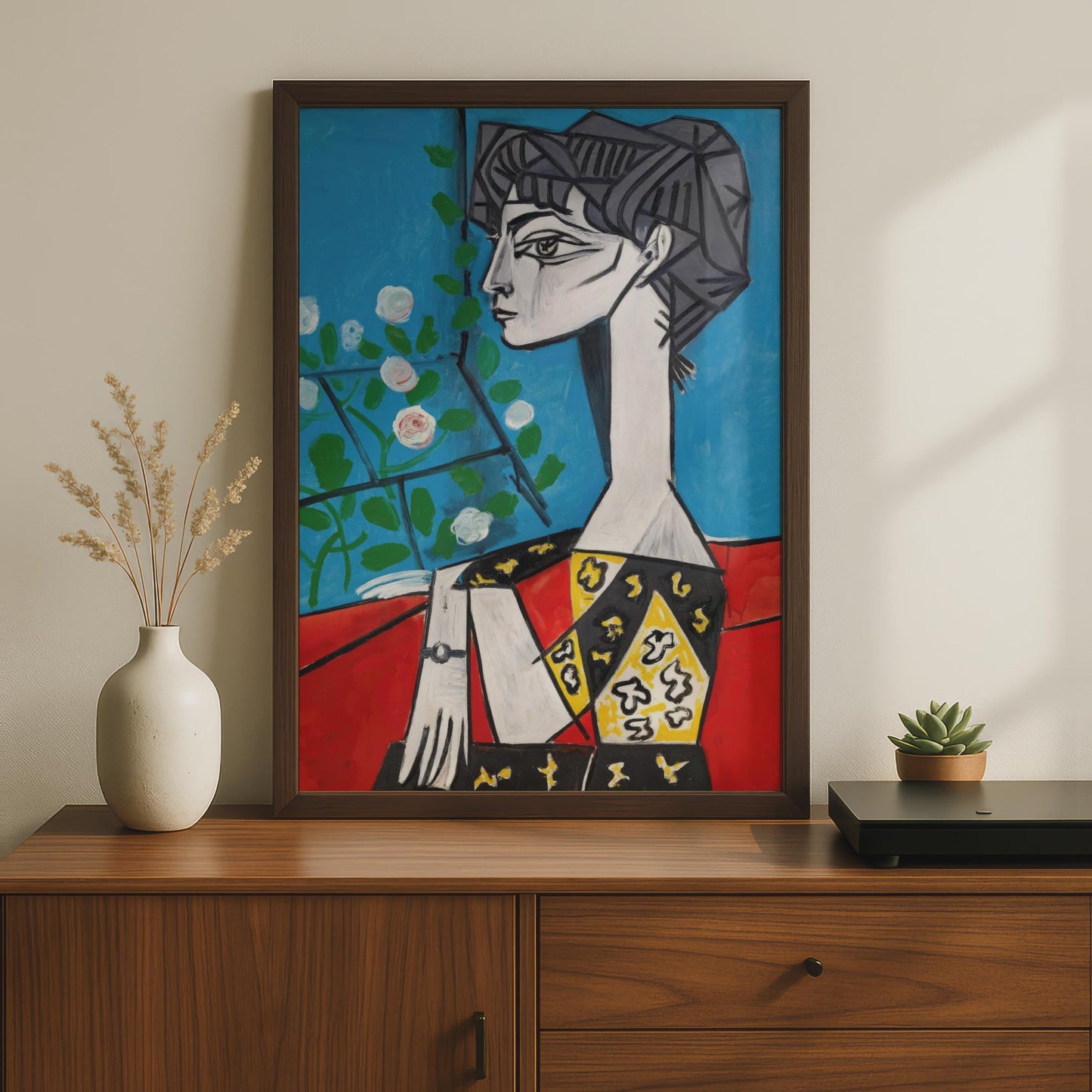Modernist Woman Portrait Art Print, Picasso Style Wall Art, Colourful Flower Motif, Stylish Home wall art print