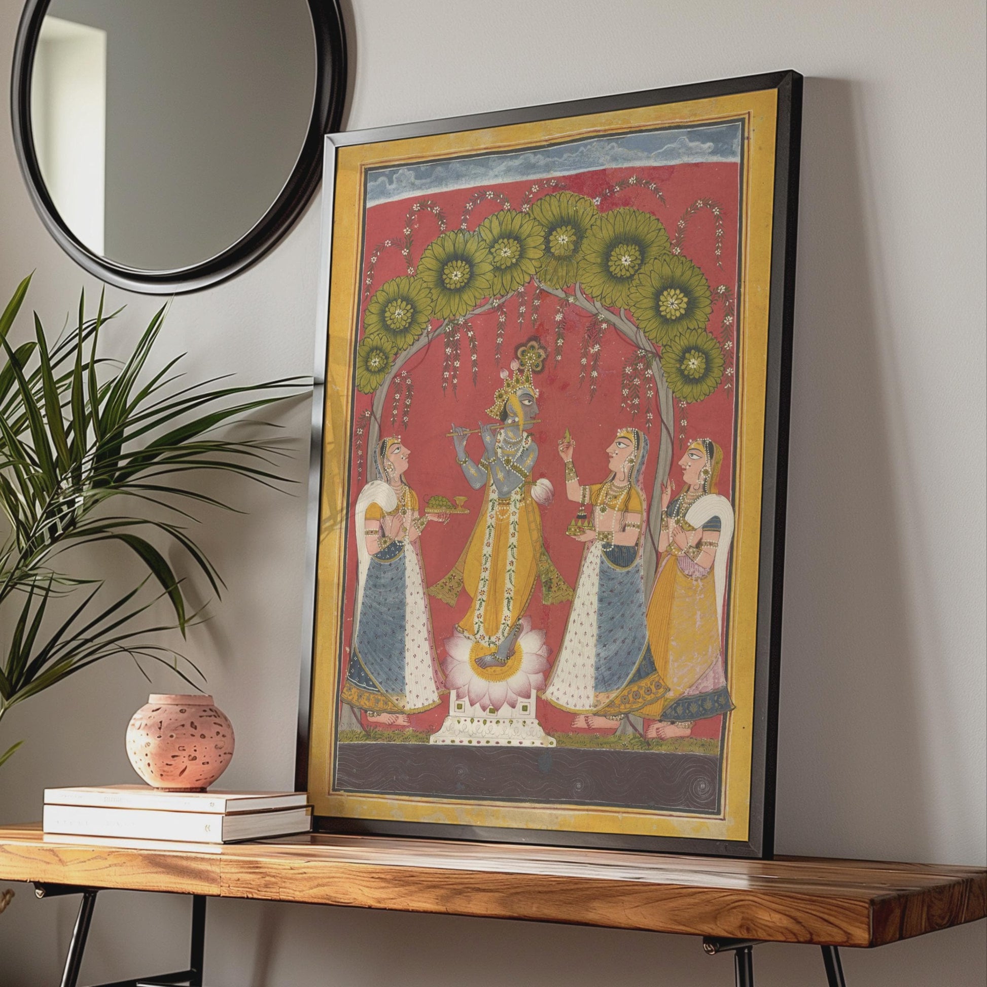 Krishna Flute Poster, Indian Miniature Art Print, Hindu God Wall Art, Mughal Style wall art print