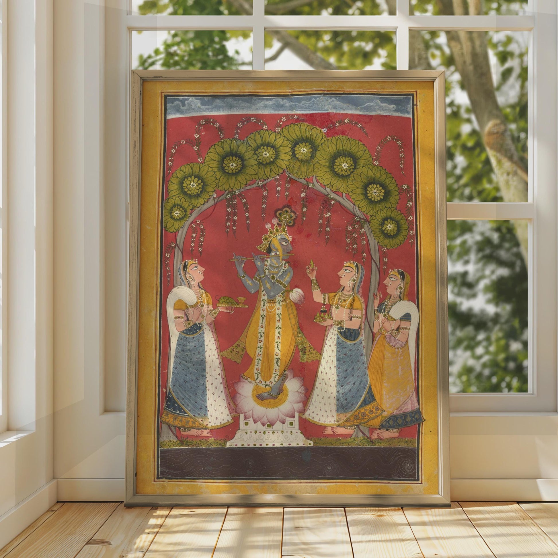 Krishna Flute Poster, Indian Miniature Art Print, Hindu God Wall Art, Mughal Style wall art print