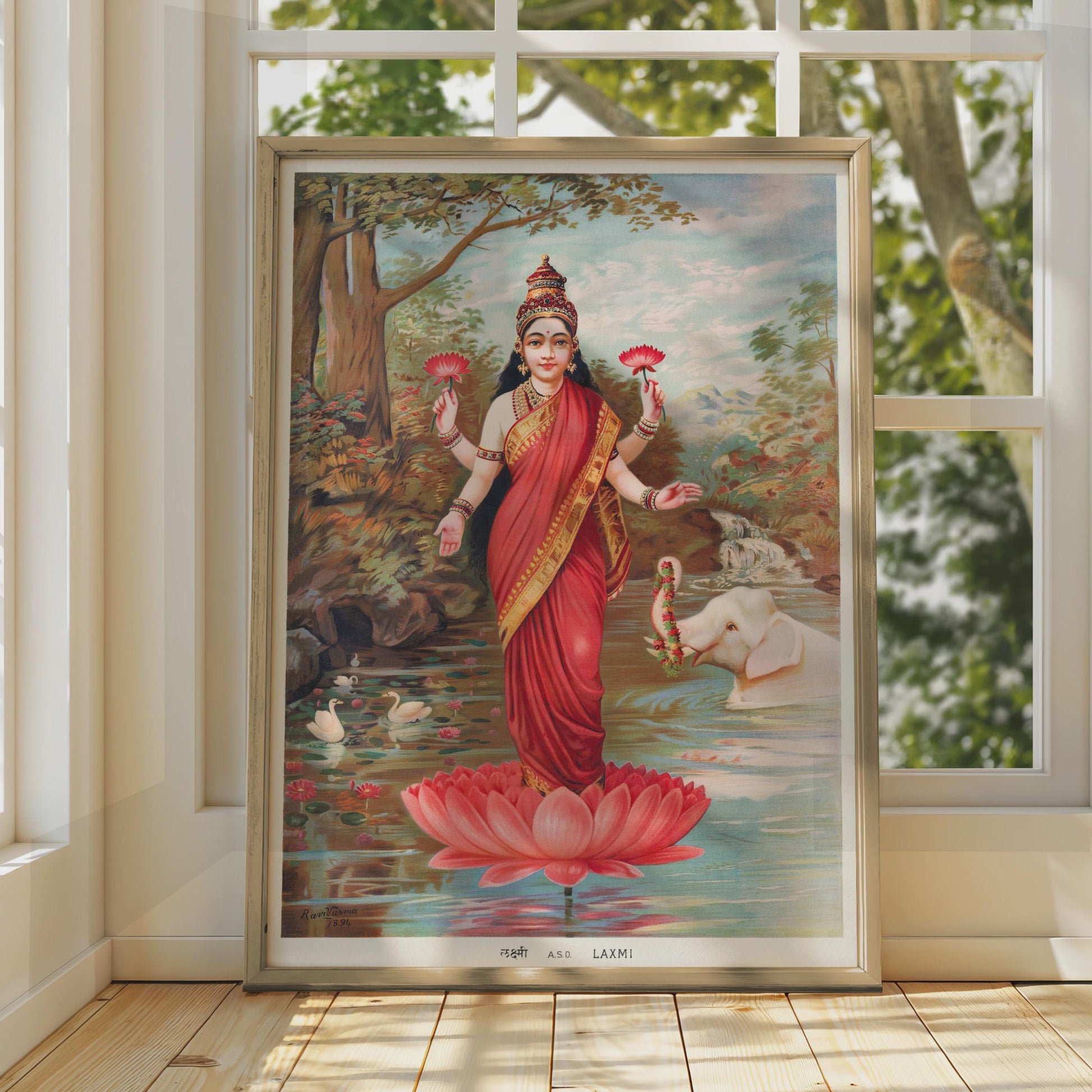 Lakshmi Hindu Goddess Poster, Vintage Raja Ravi Varma 1894 Art Print, Lotus Wall Art wall art print