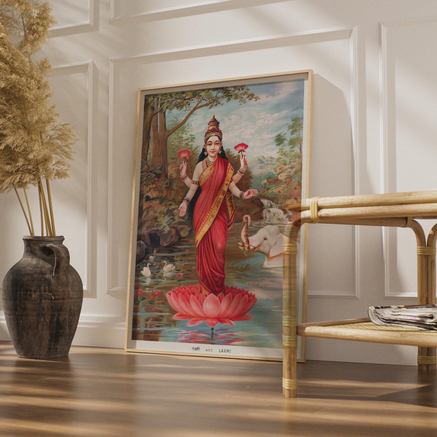 Lakshmi Hindu Goddess Poster, Vintage Raja Ravi Varma 1894 Art Print, Lotus Wall Art wall art print