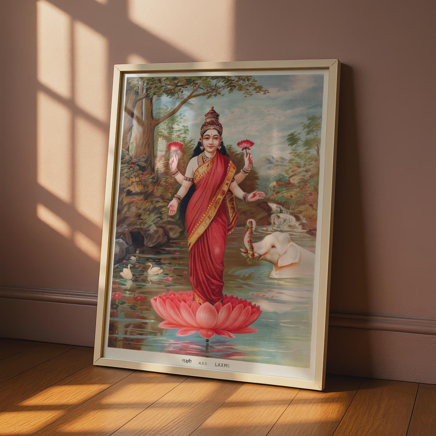 Lakshmi Hindu Goddess Poster, Vintage Raja Ravi Varma 1894 Art Print, Lotus Wall Art wall art print