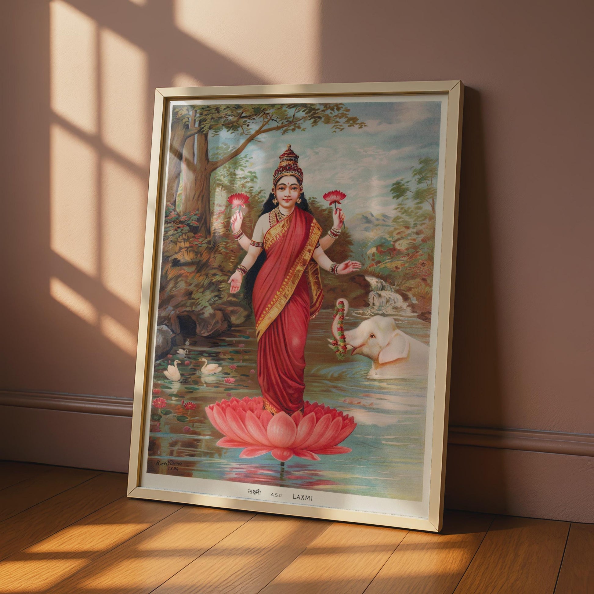 Lakshmi Hindu Goddess Poster, Vintage Raja Ravi Varma 1894 Art Print, Lotus Wall Art wall art print
